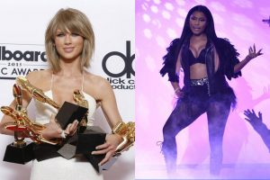 Oregon Live depicts Taylor Swift with many awards while Nicki Minaj is in a "sassy" pose.