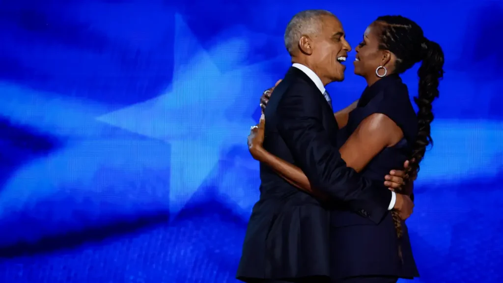 Former U.S. President Barack Obama (L) greets former first lady Michelle Obama as he arrives to speak on stage during the second day of the Democratic National Convention at the United Center on August 20, 2024 in Chicago, Illinois. Photo: Chip Somodevilla (Getty Images)